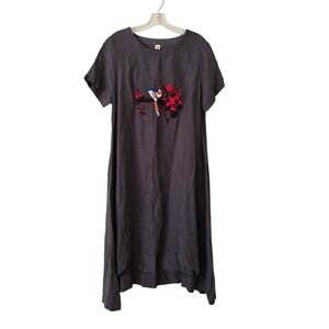 Jiuliyuan Gray Cupro Bird Floral Embroidered High Low Midi Dress Short Sleeve M